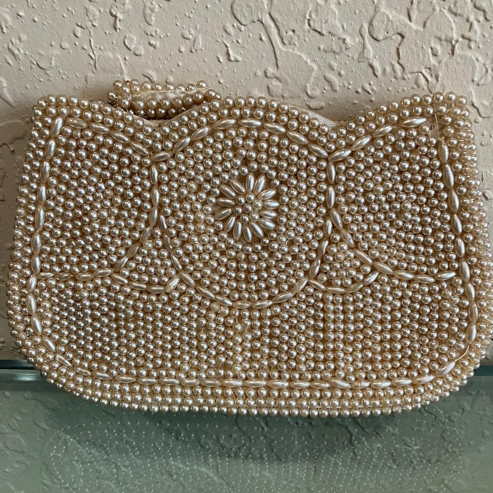 Vintage Hand Beaded Pearl Clutch
